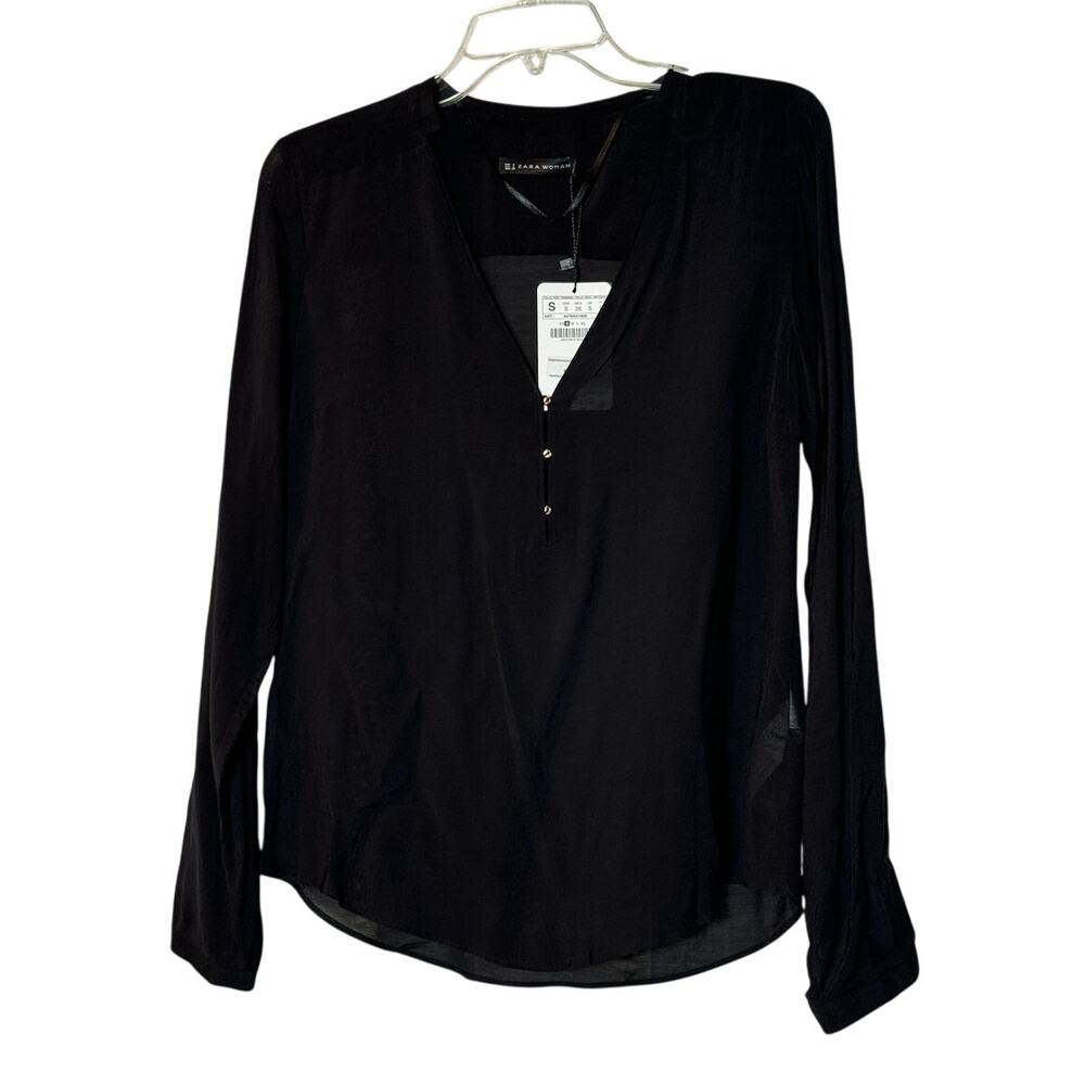NWT Zara Black Blouse Long Sleeve‎ Lightweight Sheer Chic Classic Work Top